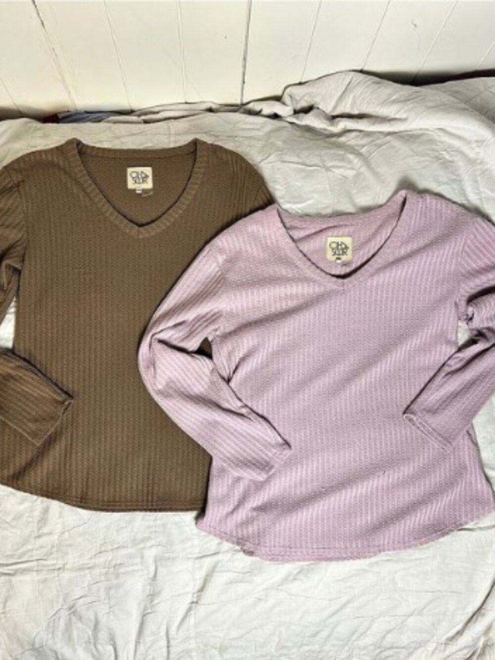 Chaser Women's M 2-Pc Textured Top Set Pink & Light Brown Long Sleeve